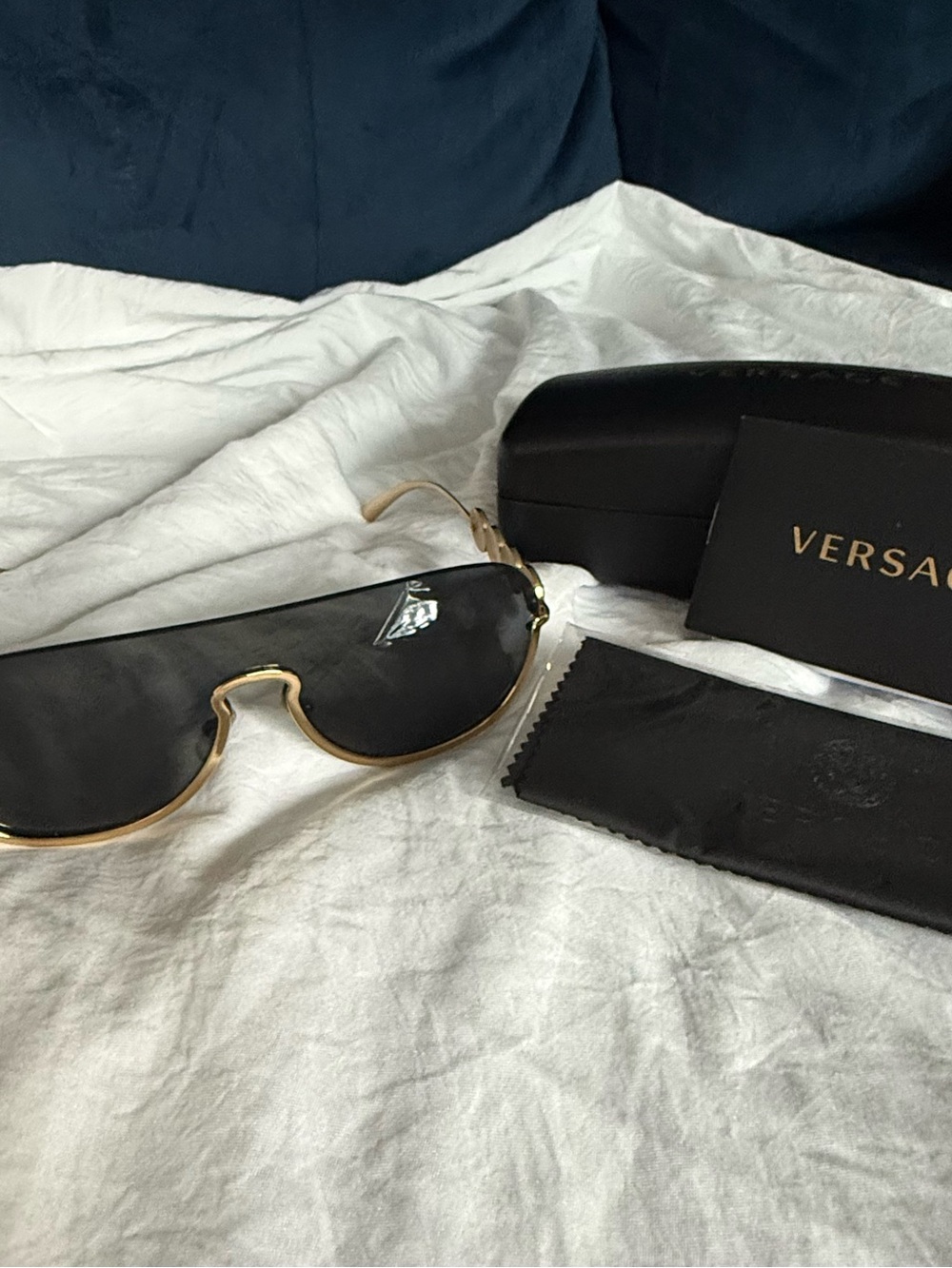 Versace Gold Frame Black Shield Sunglasses with Case